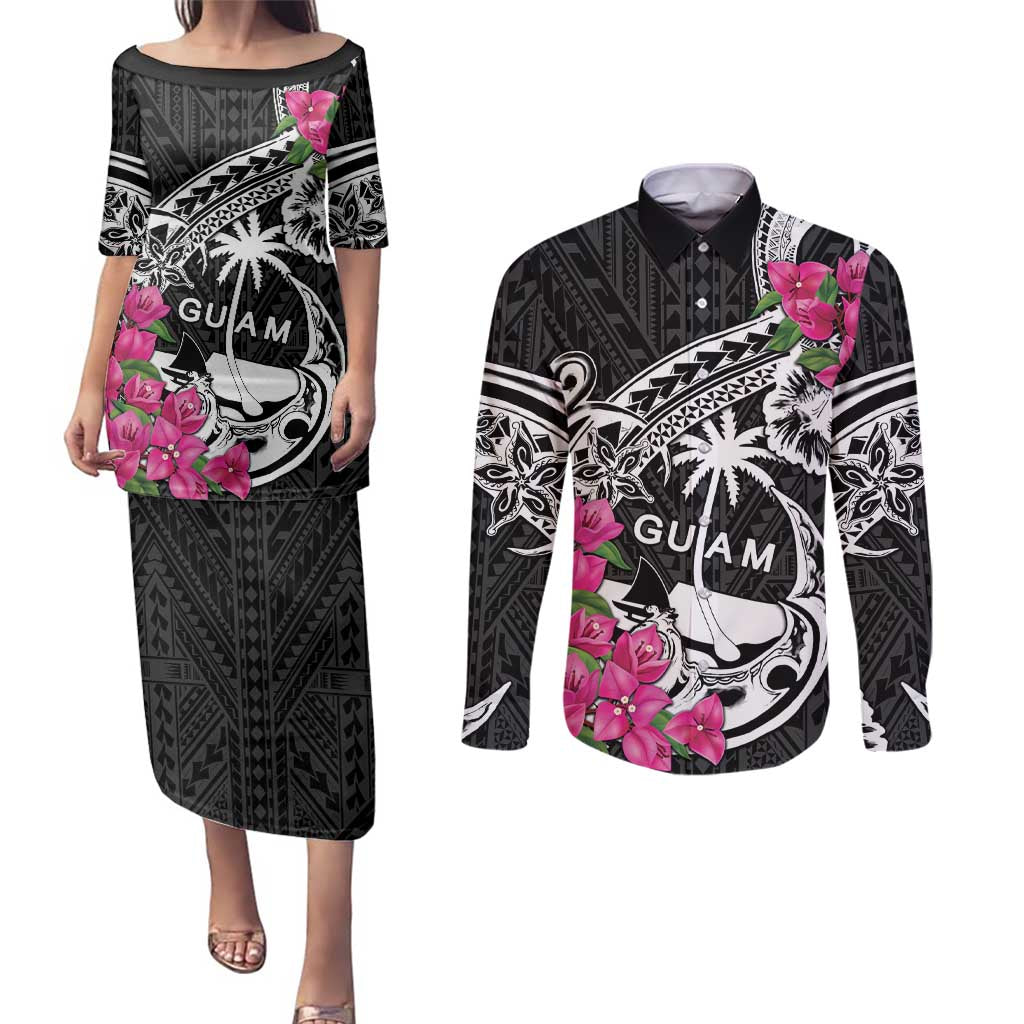 Guam Chamorro Couples Matching Puletasi and Long Sleeve Button Shirt Bougainvillea Black Polynesian Tribal Pattern