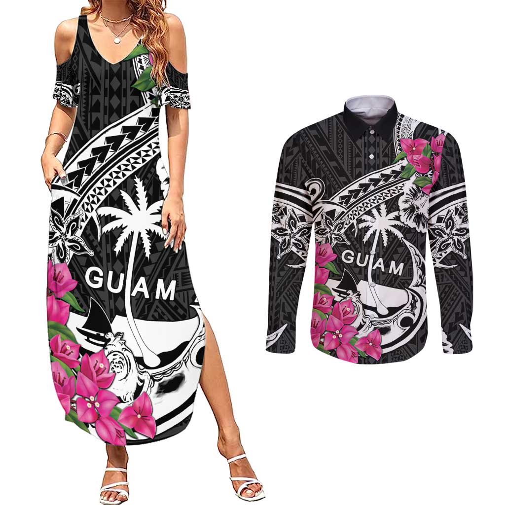 Guam Chamorro Couples Matching Summer Maxi Dress and Long Sleeve Button Shirt Bougainvillea Black Polynesian Tribal Pattern