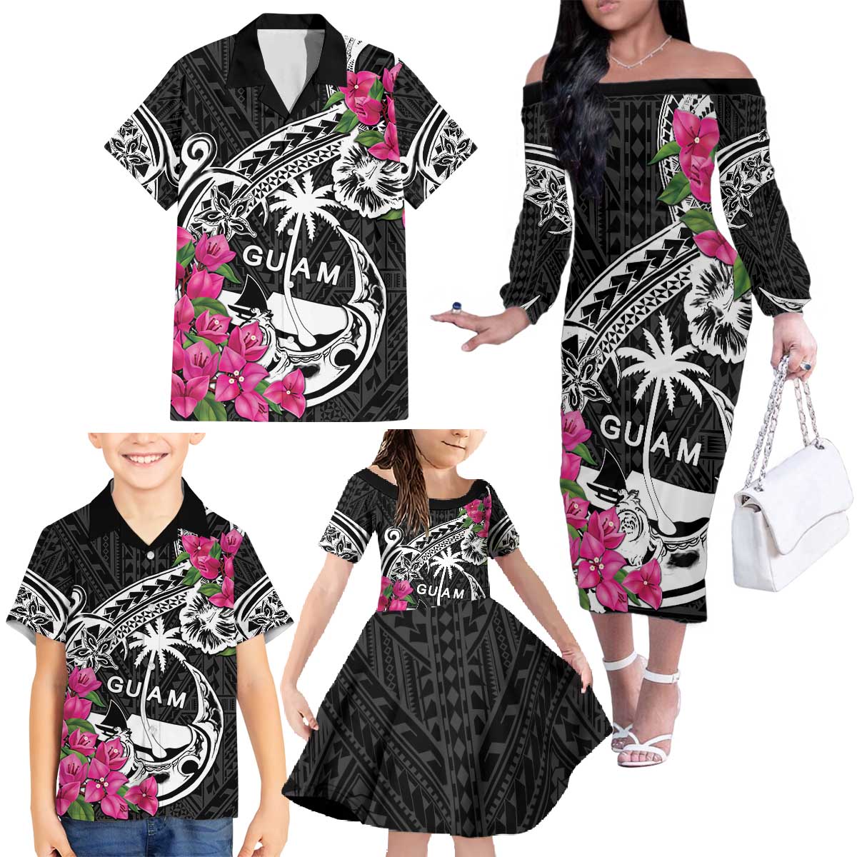 Guam Chamorro Family Matching Off The Shoulder Long Sleeve Dress and Hawaiian Shirt Bougainvillea Black Polynesian Tribal Pattern