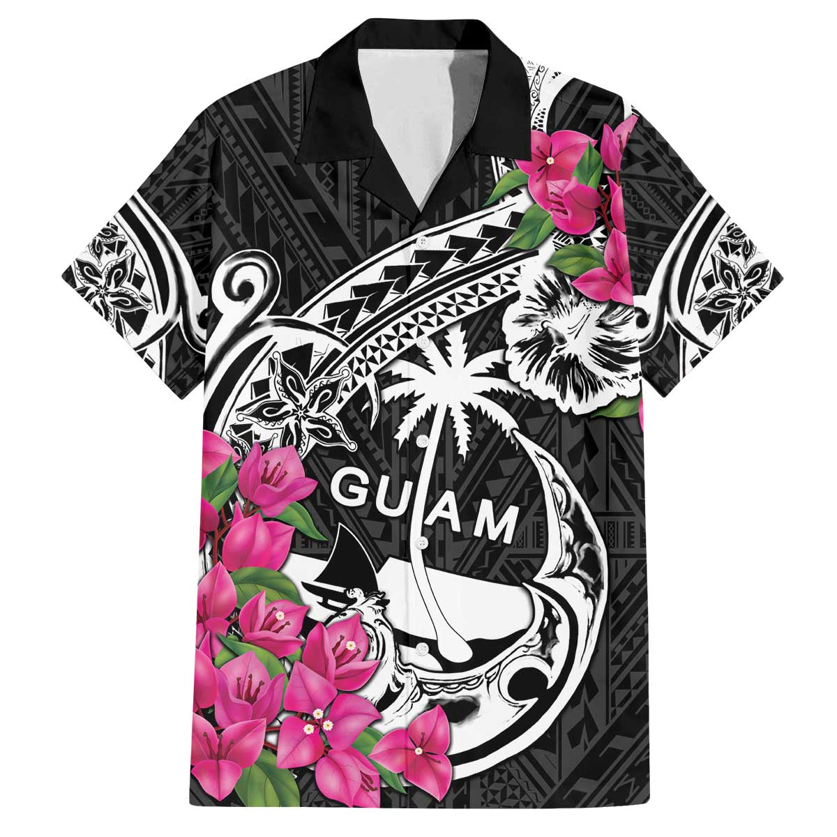 Guam Chamorro Family Matching Off The Shoulder Long Sleeve Dress and Hawaiian Shirt Bougainvillea Black Polynesian Tribal Pattern