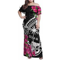Guam Chamorro Family Matching Off Shoulder Maxi Dress and Hawaiian Shirt Bougainvillea Black Polynesian Tribal Pattern