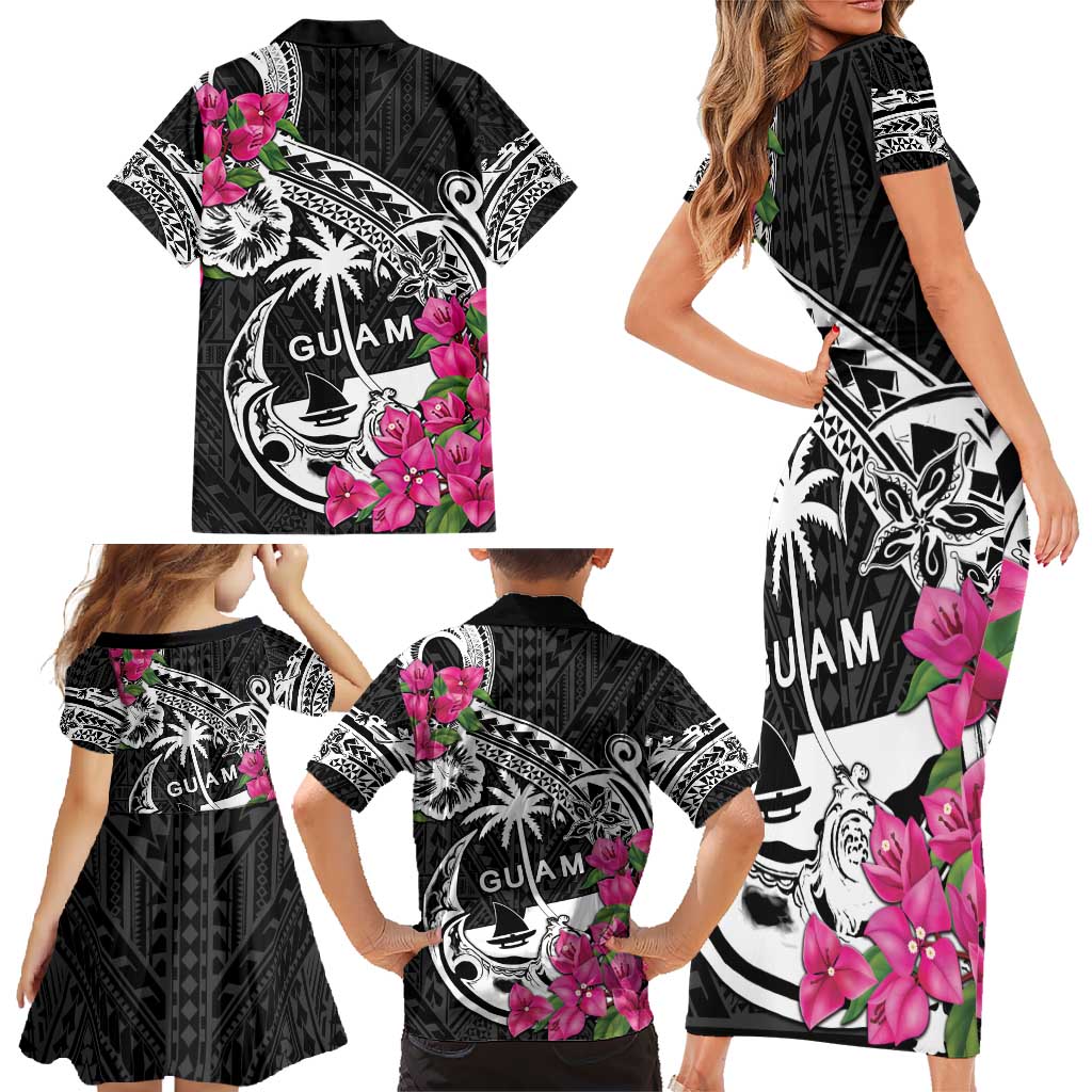 Guam Chamorro Family Matching Short Sleeve Bodycon Dress and Hawaiian Shirt Bougainvillea Black Polynesian Tribal Pattern