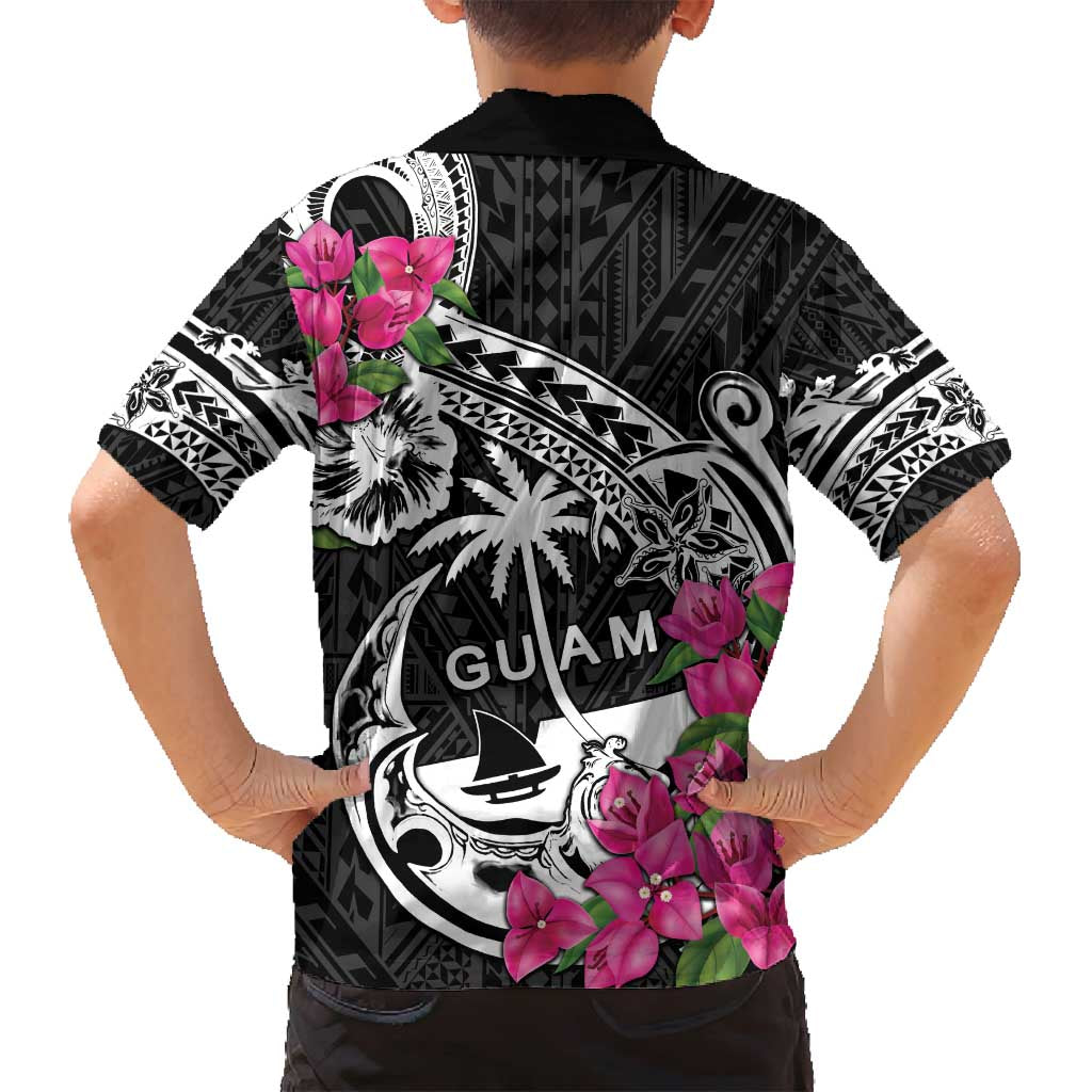 Guam Chamorro Family Matching Tank Maxi Dress and Hawaiian Shirt Bougainvillea Black Polynesian Tribal Pattern