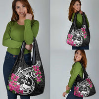 Guam Chamorro Grocery Bag Bougainvillea Black Polynesian Tribal Pattern