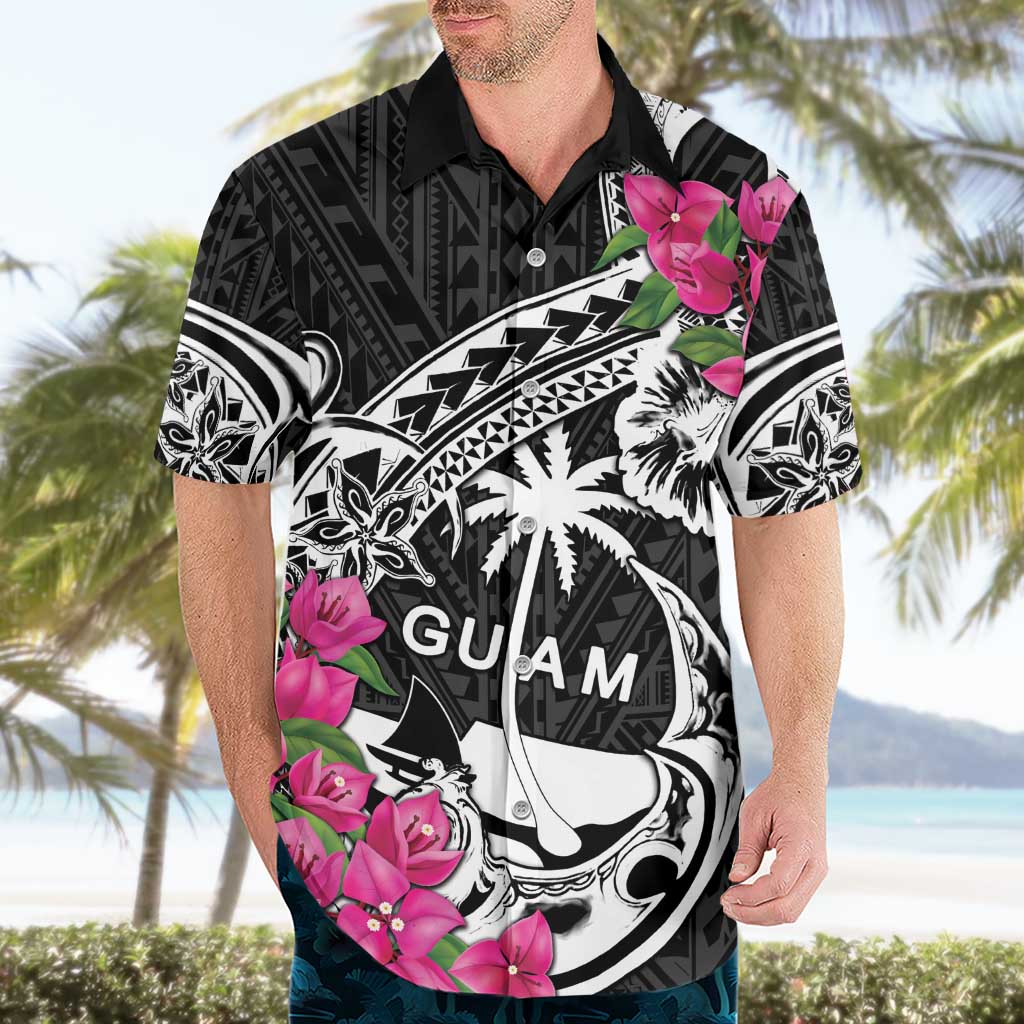 Guam Chamorro Hawaiian Shirt Bougainvillea Black Polynesian Tribal Pattern