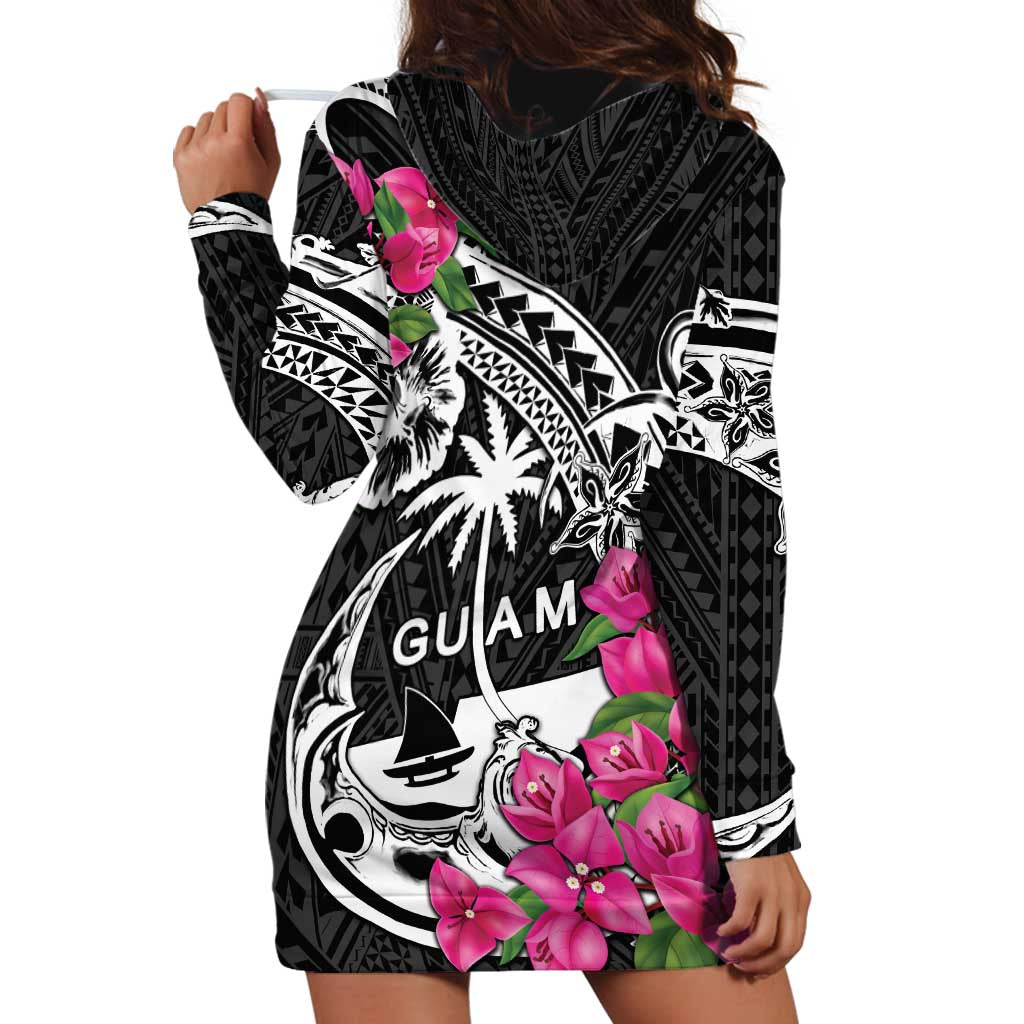 Guam Chamorro Hoodie Dress Bougainvillea Black Polynesian Tribal Pattern