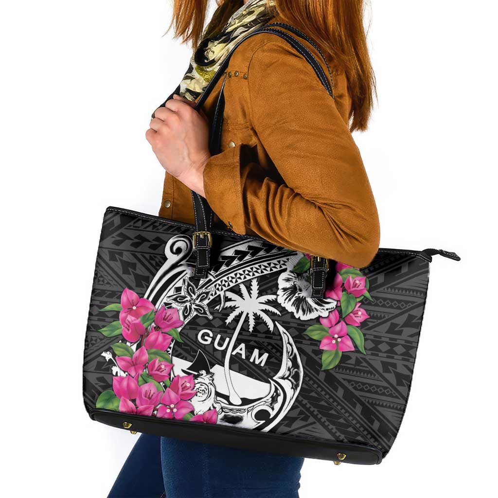 Guam Chamorro Leather Tote Bag Bougainvillea Black Polynesian Tribal Pattern