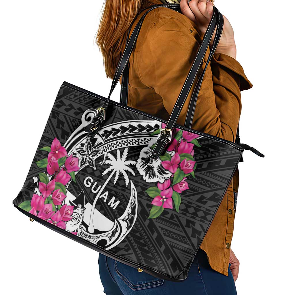 Guam Chamorro Leather Tote Bag Bougainvillea Black Polynesian Tribal Pattern