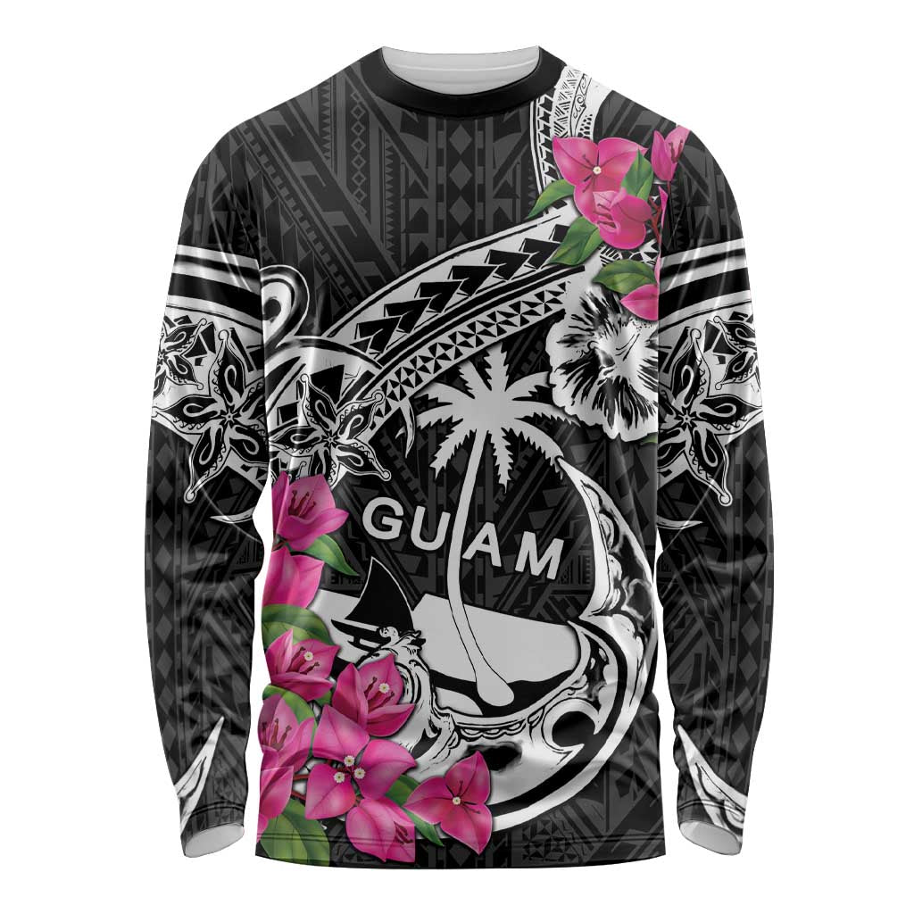 Guam Chamorro Long Sleeve Shirt Bougainvillea Black Polynesian Tribal Pattern