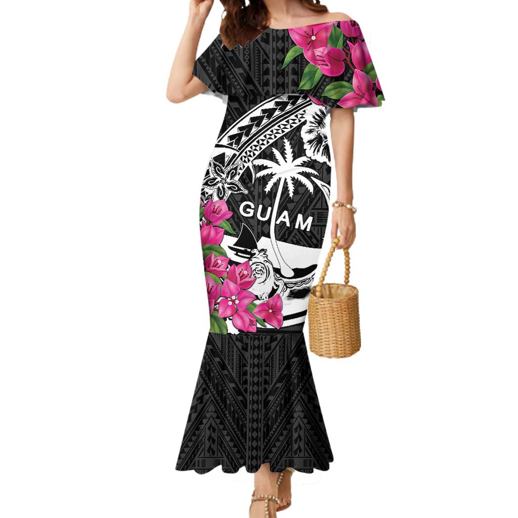 Guam Chamorro Mermaid Dress Bougainvillea Black Polynesian Tribal Pattern
