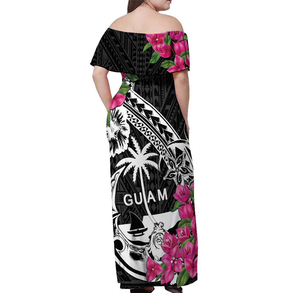 Guam Chamorro Off Shoulder Maxi Dress Bougainvillea Black Polynesian Tribal Pattern