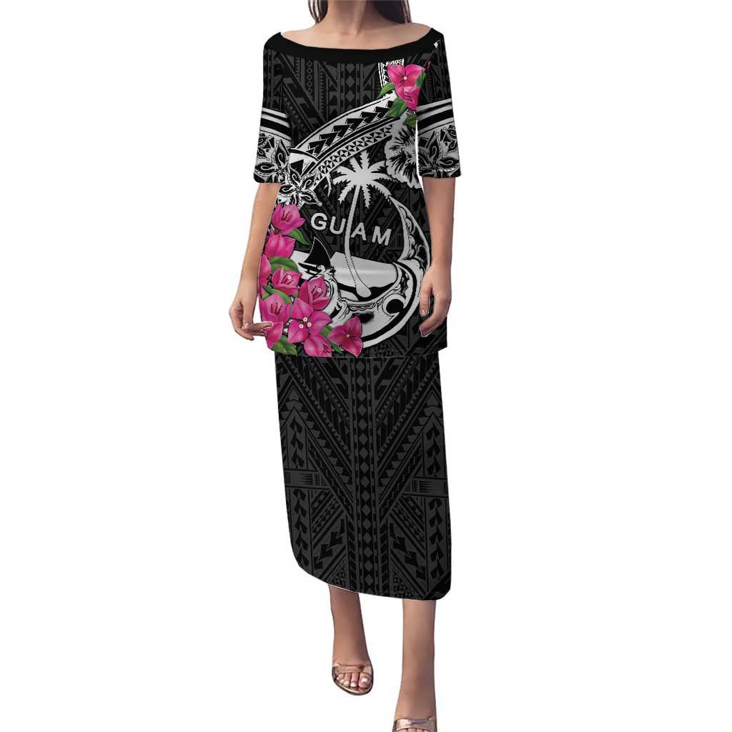 Guam Chamorro Puletasi Bougainvillea Black Polynesian Tribal Pattern
