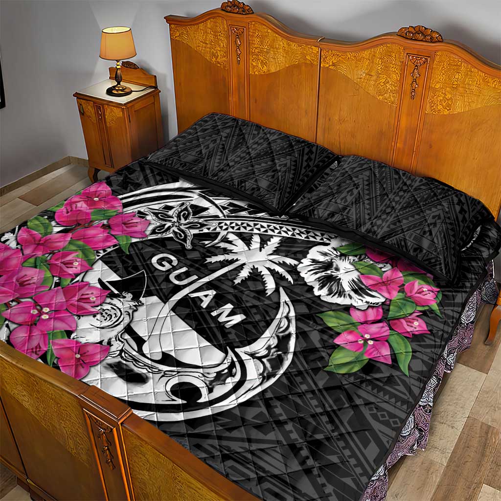 Guam Chamorro Quilt Bed Set Bougainvillea Black Polynesian Tribal Pattern