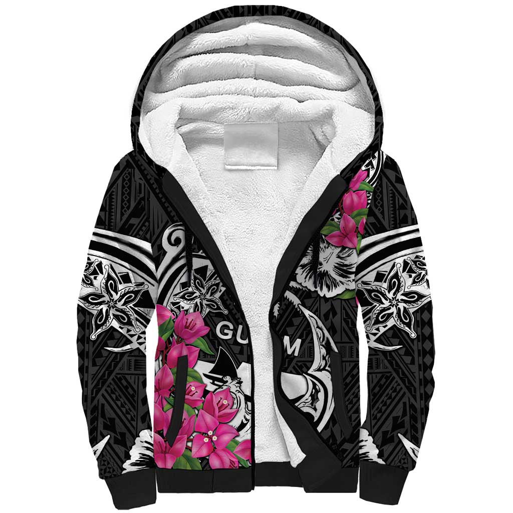 Guam Chamorro Sherpa Hoodie Bougainvillea Black Polynesian Tribal Pattern