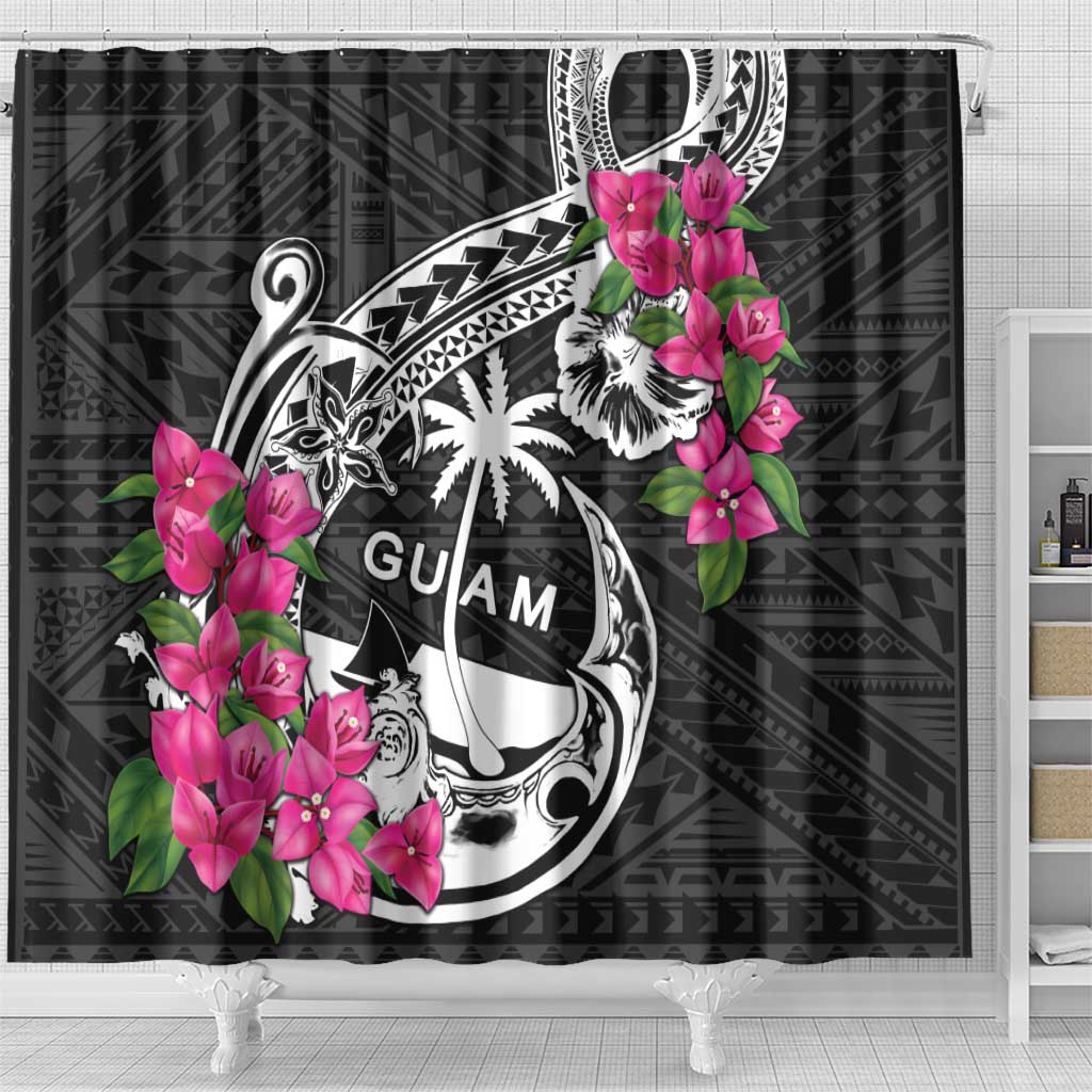 Guam Chamorro Shower Curtain Bougainvillea Black Polynesian Tribal Pattern