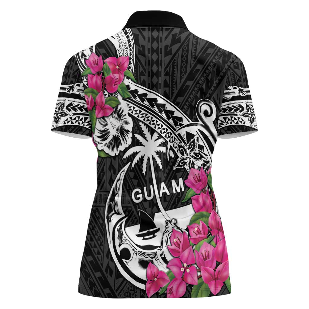 Guam Chamorro Women Polo Shirt Bougainvillea Black Polynesian Tribal Pattern
