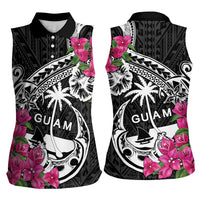 Guam Chamorro Women Sleeveless Polo Shirt Bougainvillea Black Polynesian Tribal Pattern