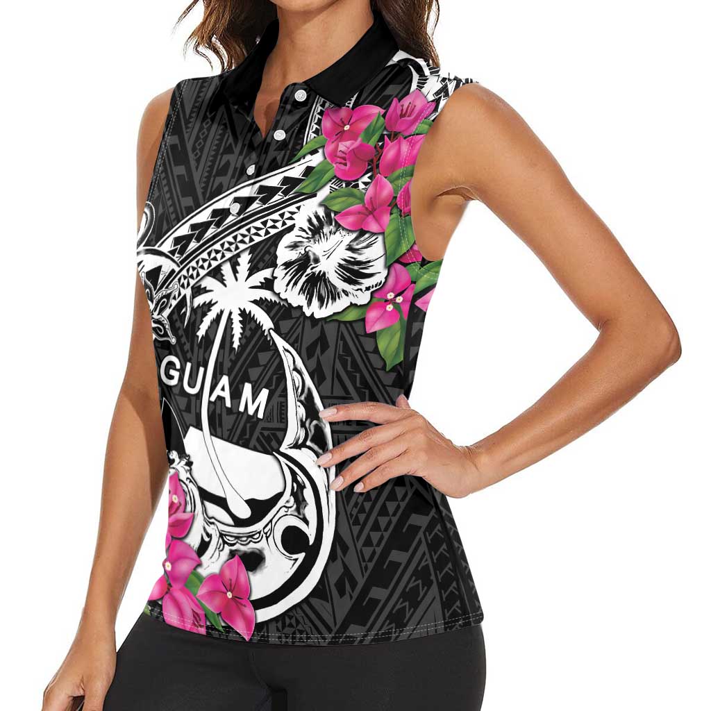 Guam Chamorro Women Sleeveless Polo Shirt Bougainvillea Black Polynesian Tribal Pattern
