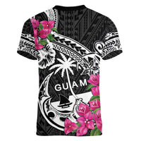 Guam Chamorro Women V-Neck T-Shirt Bougainvillea Black Polynesian Tribal Pattern