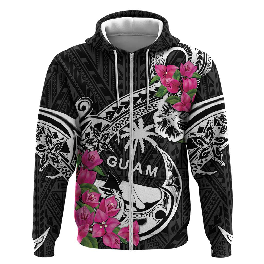 Guam Chamorro Zip Hoodie Bougainvillea Black Polynesian Tribal Pattern