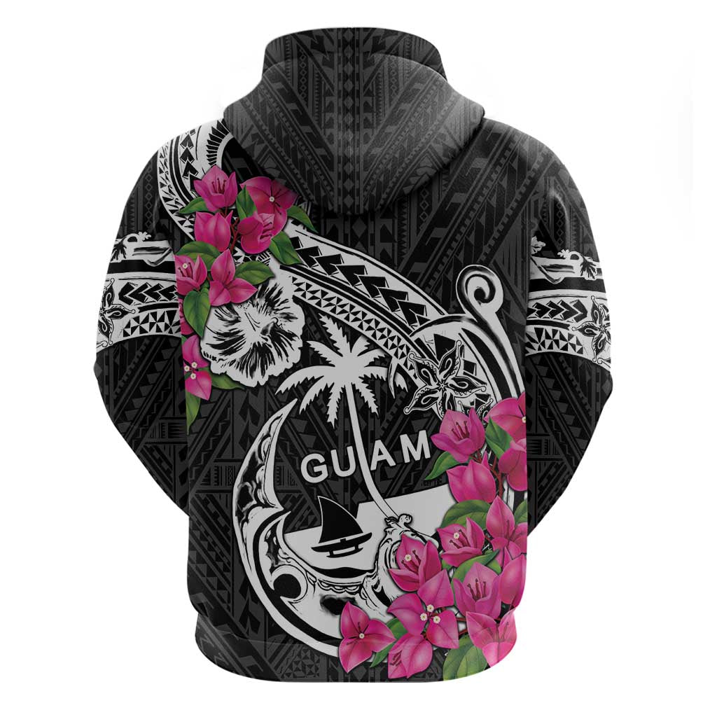 Guam Chamorro Zip Hoodie Bougainvillea Black Polynesian Tribal Pattern