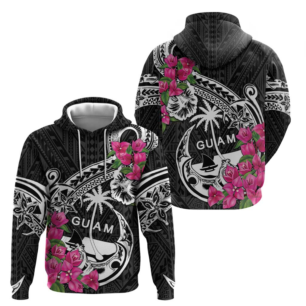 Guam Chamorro Zip Hoodie Bougainvillea Black Polynesian Tribal Pattern