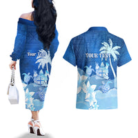 Personalised Bula Fiji Couples Matching Off The Shoulder Long Sleeve Dress and Hawaiian Shirt Fijian Masi Pattern With Blue Coat Of Arms LT05 - Polynesian Pride