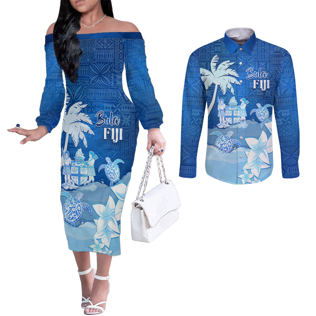 Personalised Bula Fiji Couples Matching Off The Shoulder Long Sleeve Dress and Long Sleeve Button Shirt Fijian Masi Pattern With Blue Coat Of Arms LT05 Blue - Polynesian Pride