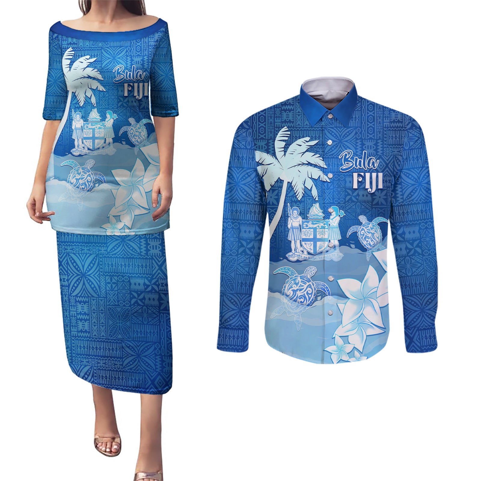 Personalised Bula Fiji Couples Matching Puletasi and Long Sleeve Button Shirt Fijian Masi Pattern With Blue Coat Of Arms LT05 Blue - Polynesian Pride