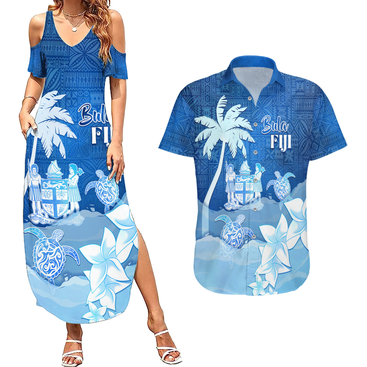 Personalised Bula Fiji Couples Matching Summer Maxi Dress and Hawaiian Shirt Fijian Masi Pattern With Blue Coat Of Arms LT05 Blue - Polynesian Pride