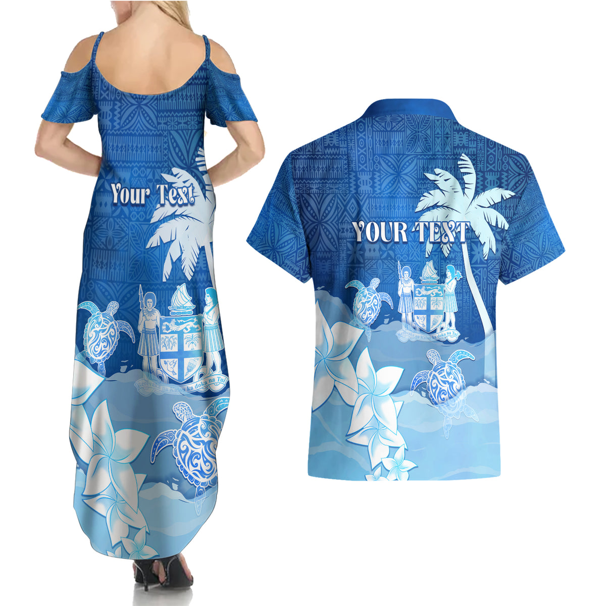 Personalised Bula Fiji Couples Matching Summer Maxi Dress and Hawaiian Shirt Fijian Masi Pattern With Blue Coat Of Arms LT05 - Polynesian Pride