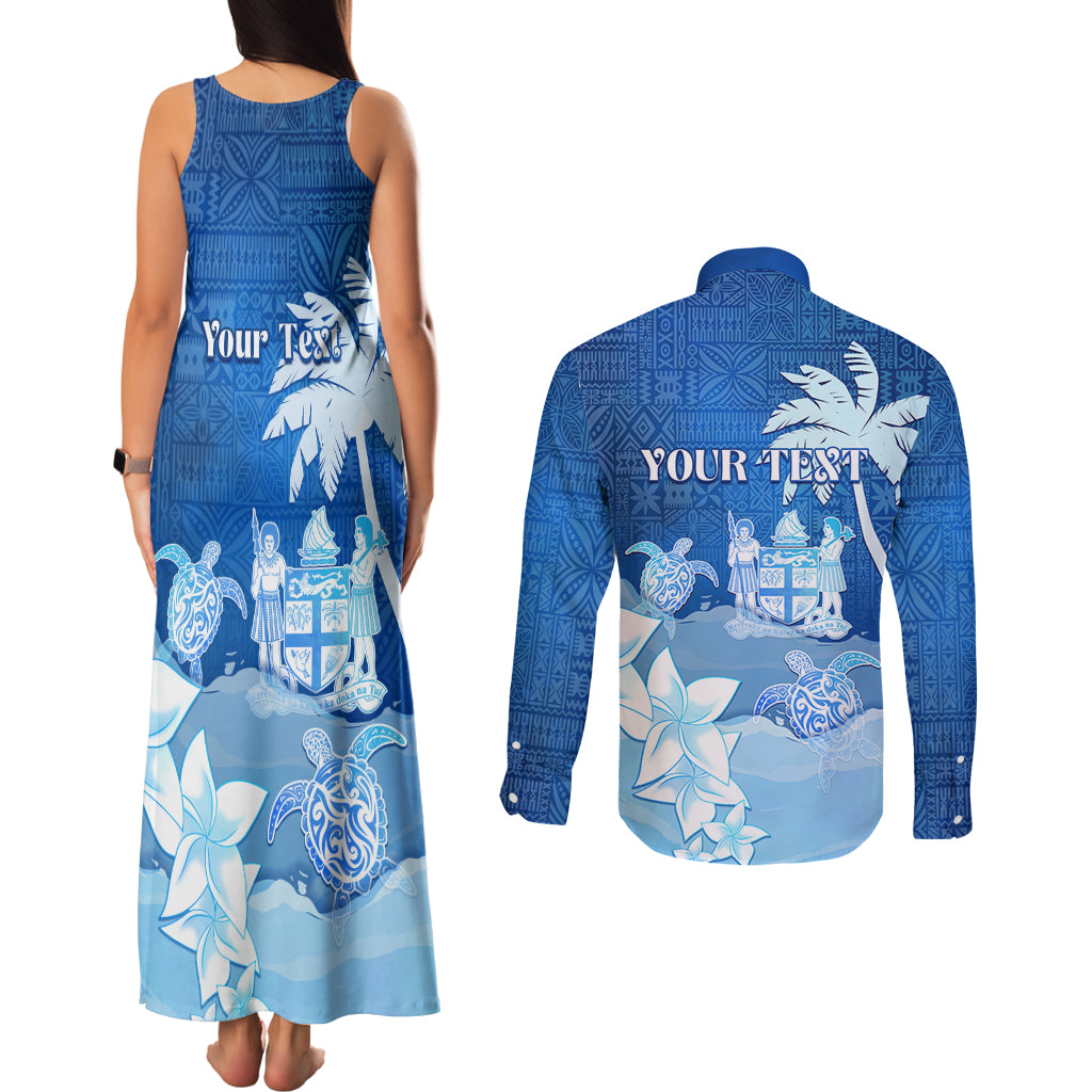Personalised Bula Fiji Couples Matching Tank Maxi Dress and Long Sleeve Button Shirt Fijian Masi Pattern With Blue Coat Of Arms LT05 - Polynesian Pride