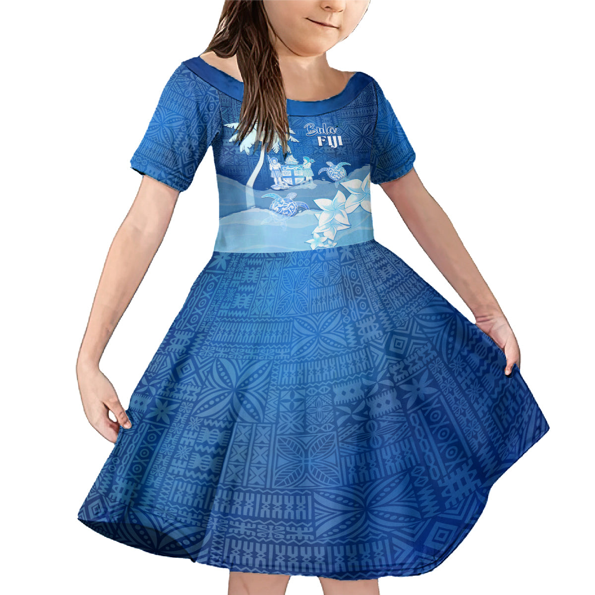Personalised Bula Fiji Family Matching Mermaid Dress and Hawaiian Shirt Fijian Masi Pattern With Blue Coat Of Arms LT05 Daughter's Dress Blue - Polynesian Pride