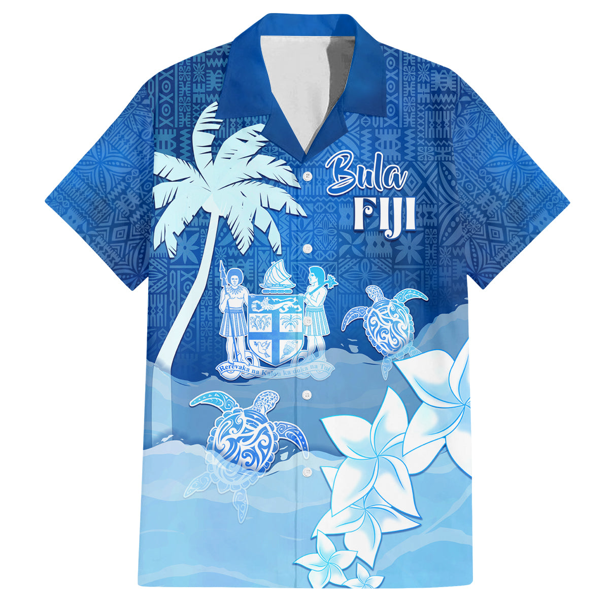 Personalised Bula Fiji Family Matching Tank Maxi Dress and Hawaiian Shirt Fijian Masi Pattern With Blue Coat Of Arms LT05 Dad's Shirt - Short Sleeve Blue - Polynesian Pride