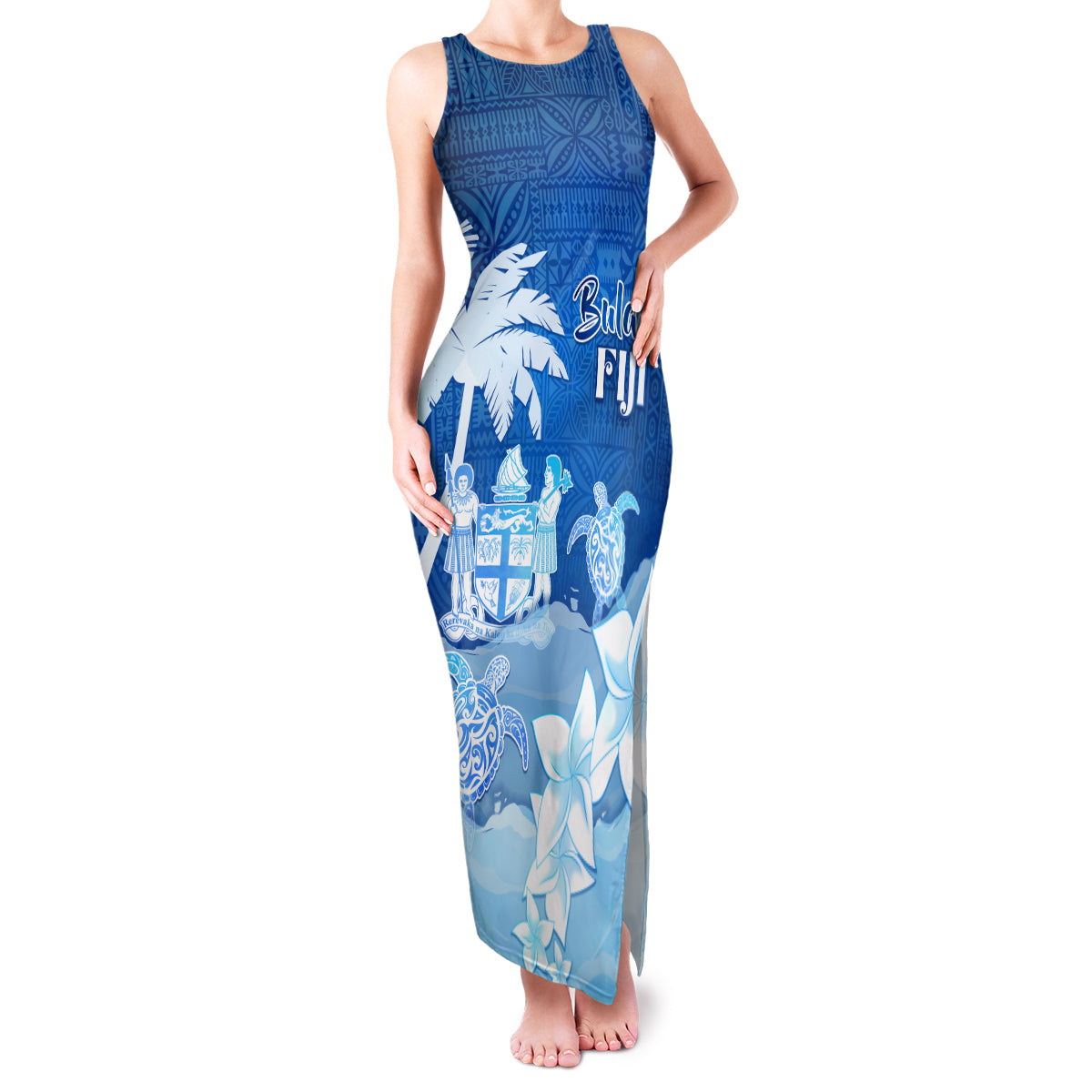 Personalised Bula Fiji Family Matching Tank Maxi Dress and Hawaiian Shirt Fijian Masi Pattern With Blue Coat Of Arms LT05 Mom's Dress Blue - Polynesian Pride