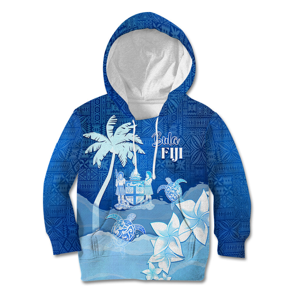 Personalised Bula Fiji Kid Hoodie Fijian Masi Pattern With Blue Coat Of Arms LT05 Hoodie Blue - Polynesian Pride