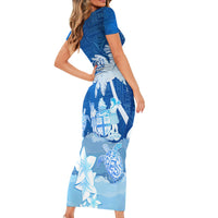 Personalised Bula Fiji Short Sleeve Bodycon Dress Fijian Masi Pattern With Blue Coat Of Arms LT05 - Polynesian Pride