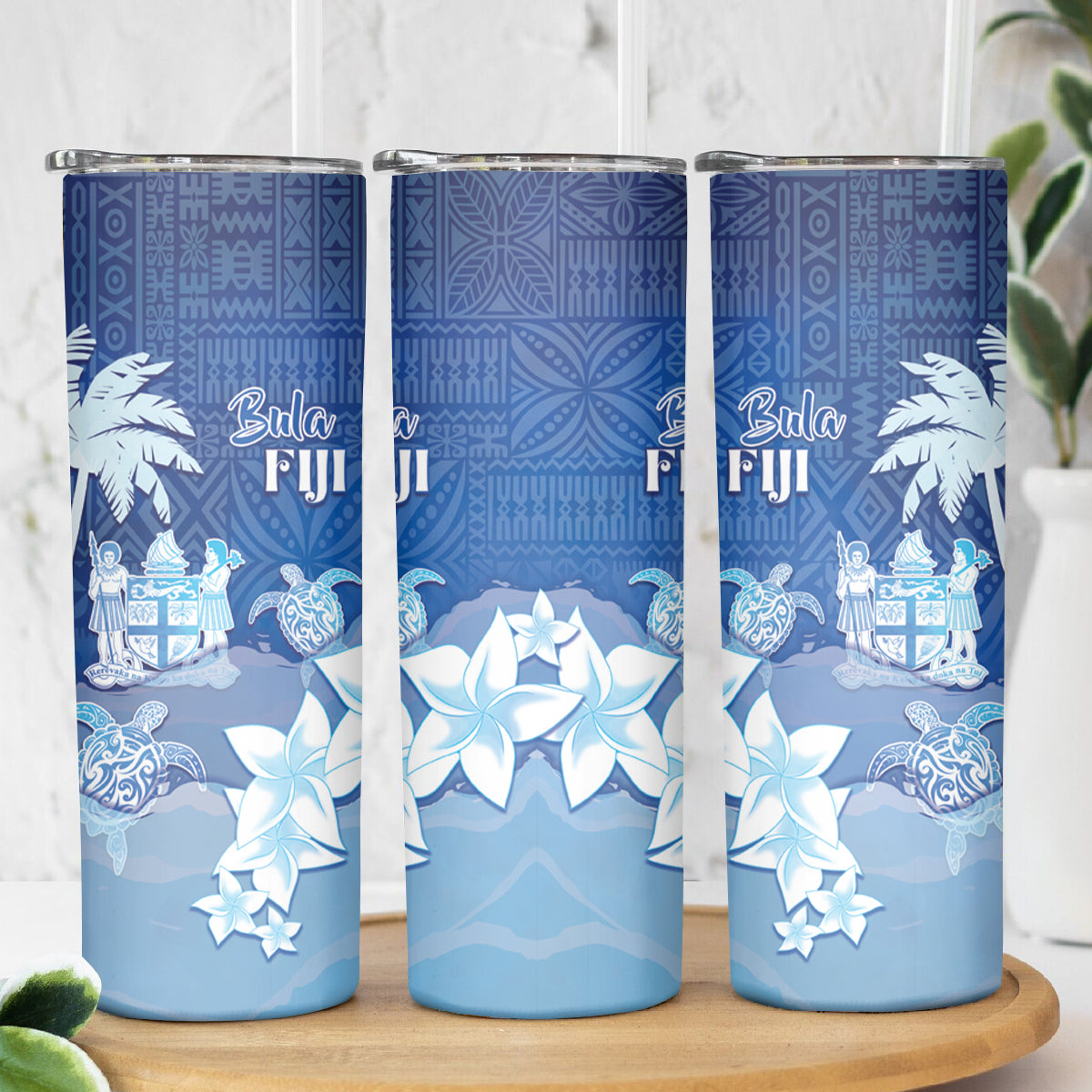 Bula Fiji Skinny Tumbler Fijian Masi Pattern With Blue Coat Of Arms