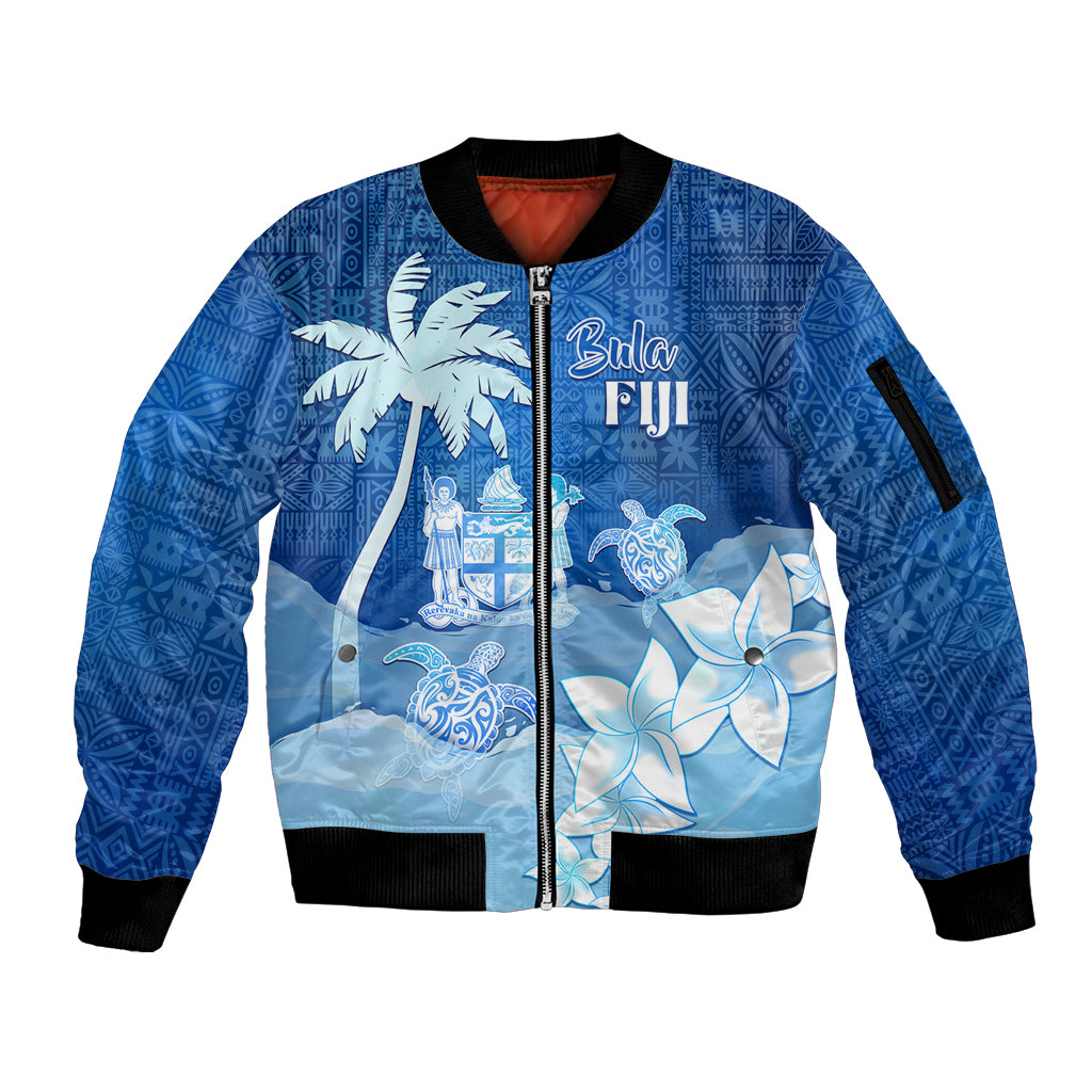Personalised Bula Fiji Sleeve Zip Bomber Jacket Fijian Masi Pattern With Blue Coat Of Arms LT05 Unisex Blue - Polynesian Pride