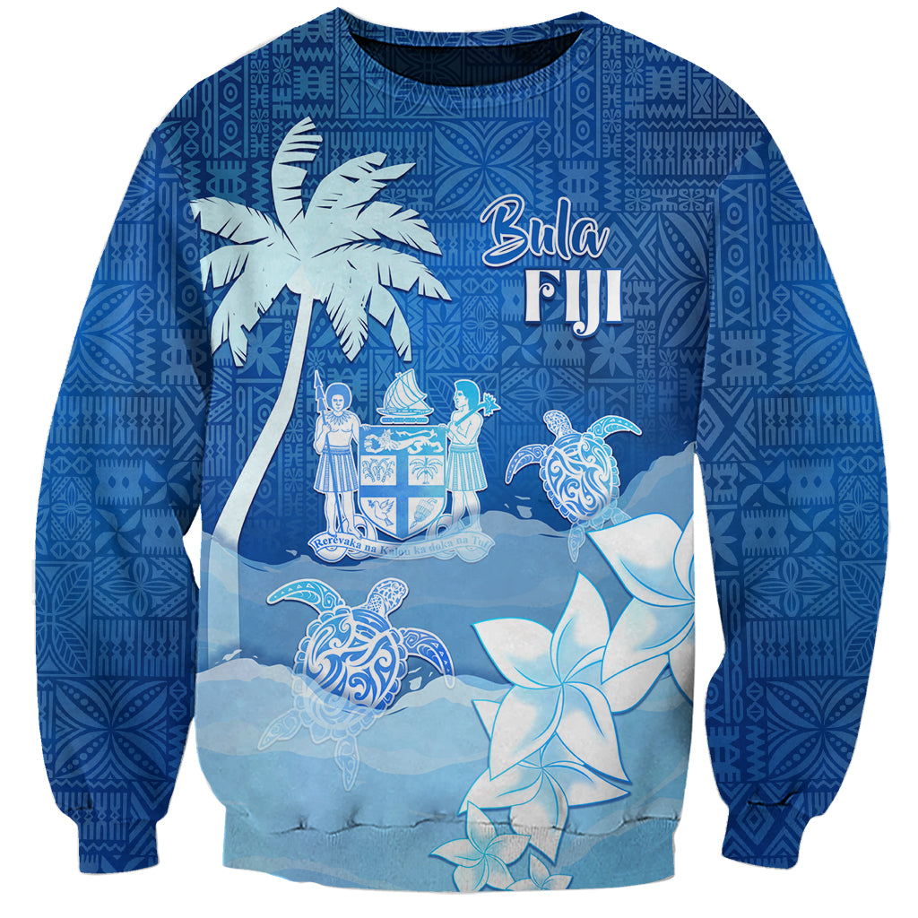 Personalised Bula Fiji Sweatshirt Fijian Masi Pattern With Blue Coat Of Arms LT05 Unisex Blue - Polynesian Pride