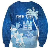 Personalised Bula Fiji Sweatshirt Fijian Masi Pattern With Blue Coat Of Arms LT05 - Polynesian Pride