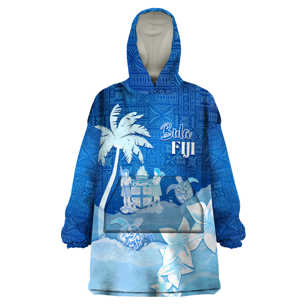 Personalised Bula Fiji Wearable Blanket Hoodie Fijian Masi Pattern With Blue Coat Of Arms LT05 One Size Blue - Polynesian Pride