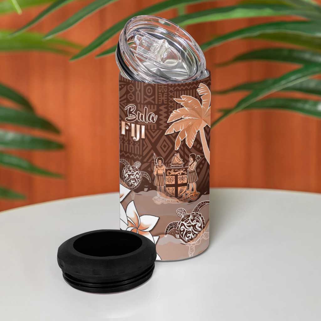 Bula Fiji 4 in 1 Can Cooler Tumbler Fijian Masi Pattern With Brown Coat Of Arms