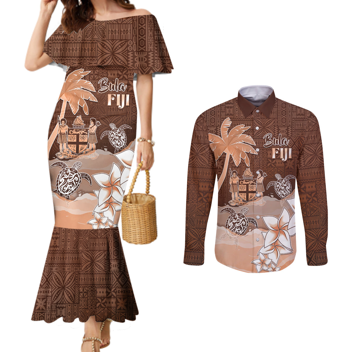Personalised Bula Fiji Couples Matching Mermaid Dress and Long Sleeve Button Shirt Fijian Masi Pattern With Brown Coat Of Arms LT05 Brown - Polynesian Pride