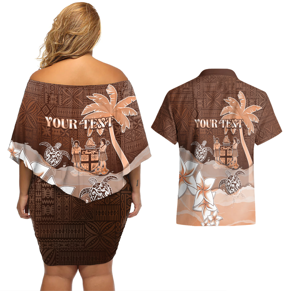 Personalised Bula Fiji Couples Matching Off Shoulder Short Dress and Hawaiian Shirt Fijian Masi Pattern With Brown Coat Of Arms LT05 - Polynesian Pride