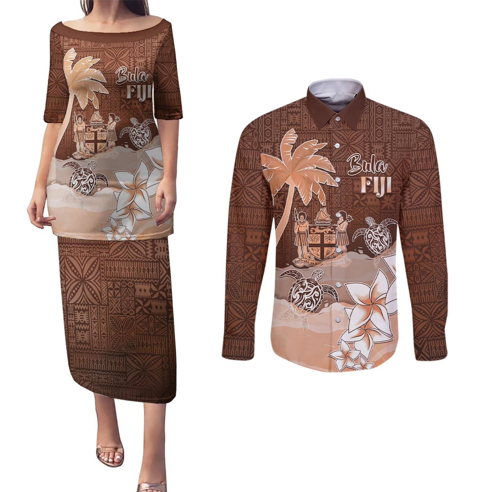 Personalised Bula Fiji Couples Matching Puletasi and Long Sleeve Button Shirt Fijian Masi Pattern With Brown Coat Of Arms LT05 Brown - Polynesian Pride