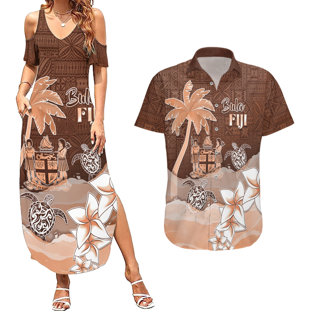 Personalised Bula Fiji Couples Matching Summer Maxi Dress and Hawaiian Shirt Fijian Masi Pattern With Brown Coat Of Arms LT05 Brown - Polynesian Pride