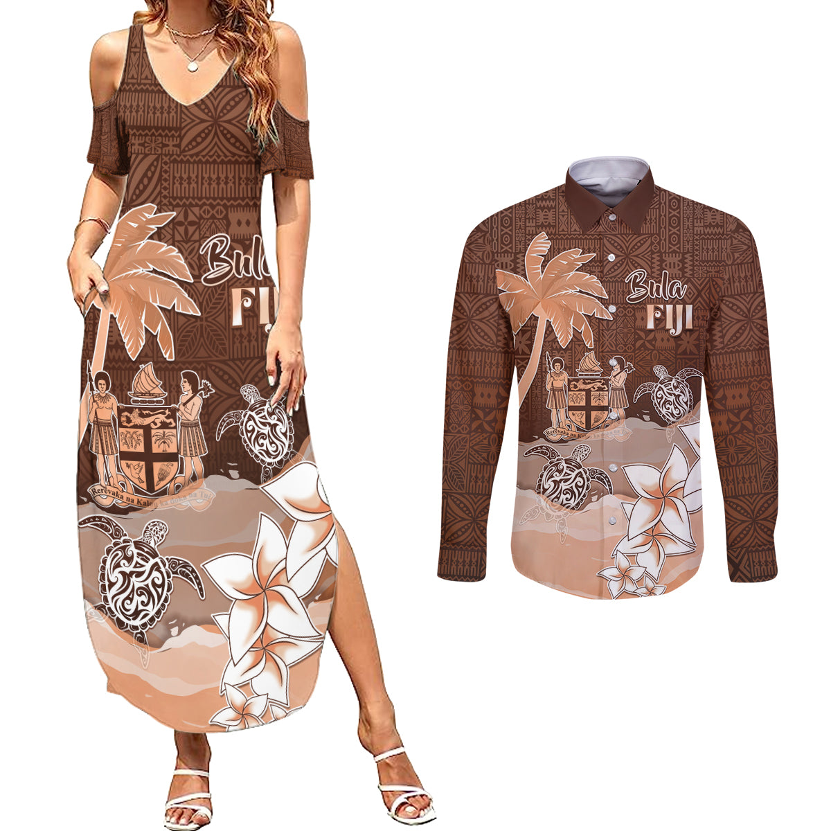 Personalised Bula Fiji Couples Matching Summer Maxi Dress and Long Sleeve Button Shirt Fijian Masi Pattern With Brown Coat Of Arms LT05 Brown - Polynesian Pride