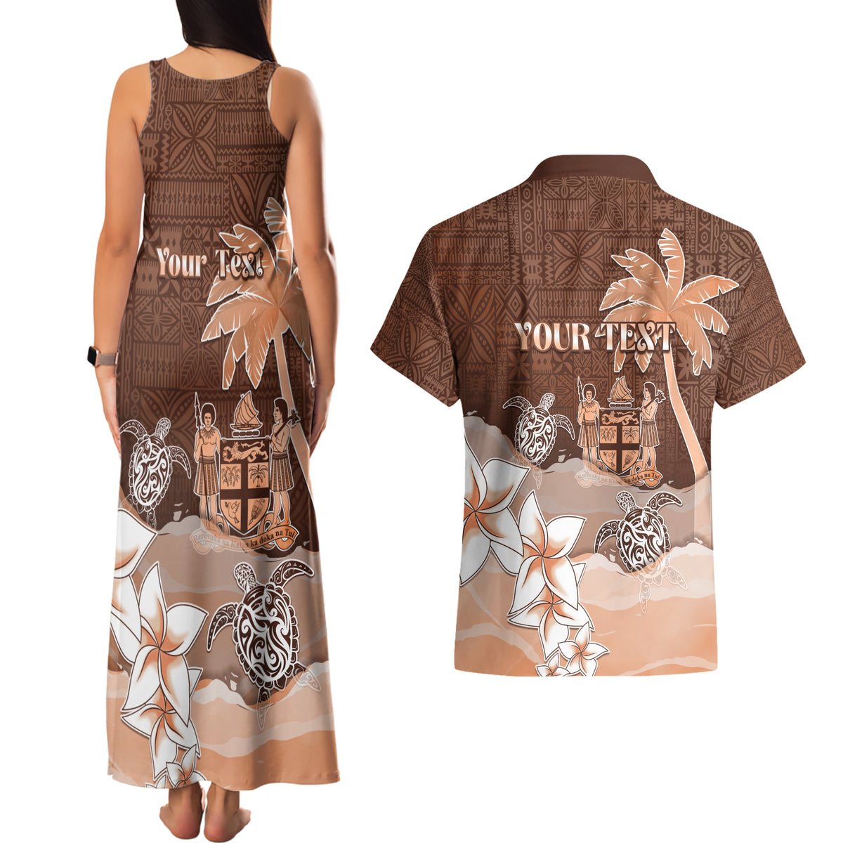Personalised Bula Fiji Couples Matching Tank Maxi Dress and Hawaiian Shirt Fijian Masi Pattern With Brown Coat Of Arms LT05 - Polynesian Pride
