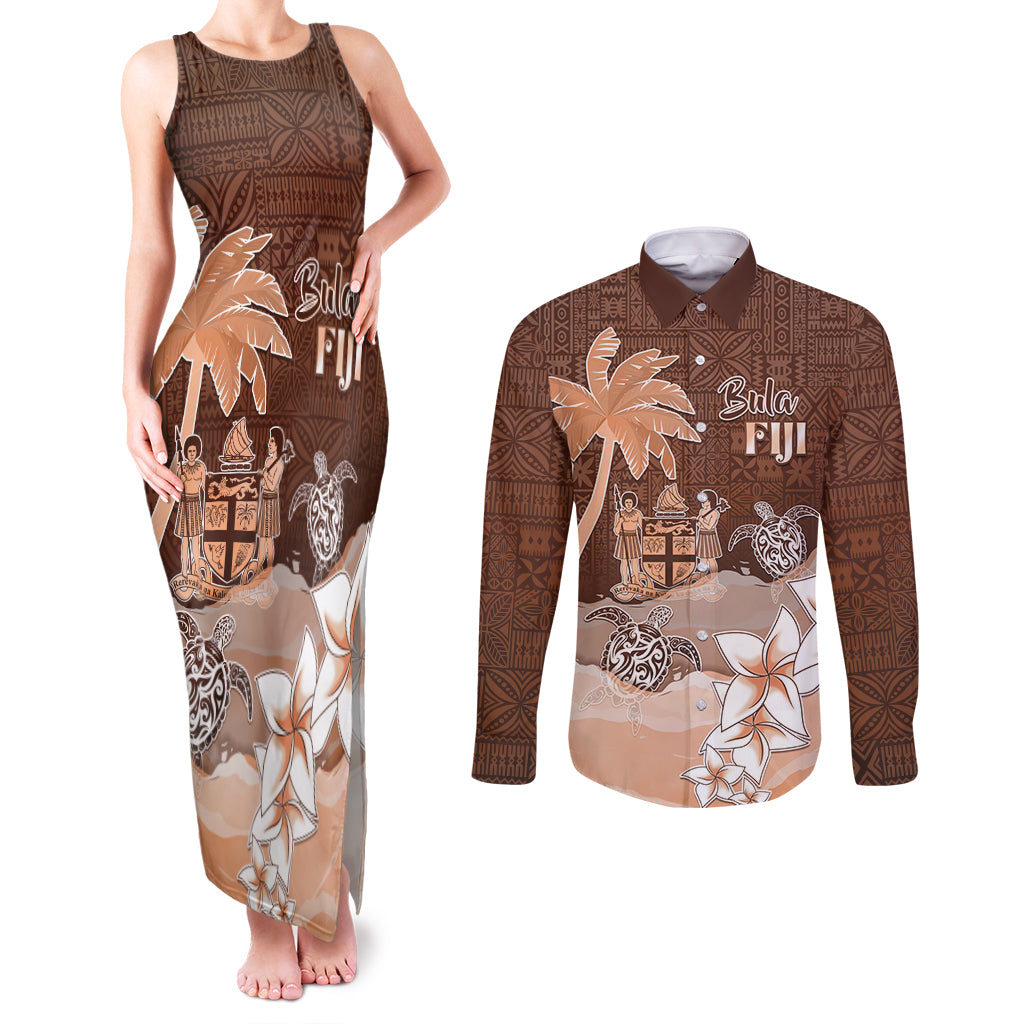 Personalised Bula Fiji Couples Matching Tank Maxi Dress and Long Sleeve Button Shirt Fijian Masi Pattern With Brown Coat Of Arms LT05 Brown - Polynesian Pride